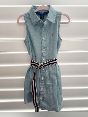 Ralph Lauren Light Blue Denim Sleeveless Shirt Dress with Striped Belt - Kids